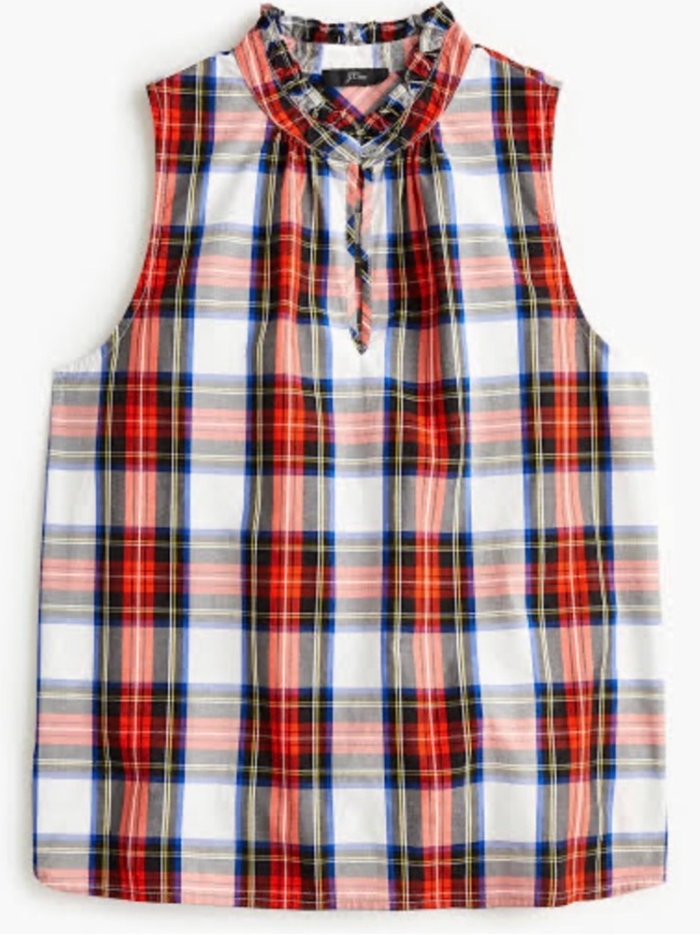 J. Crew Tartan Plaid Ruffle Neck Sleeveless Blouse Cotton